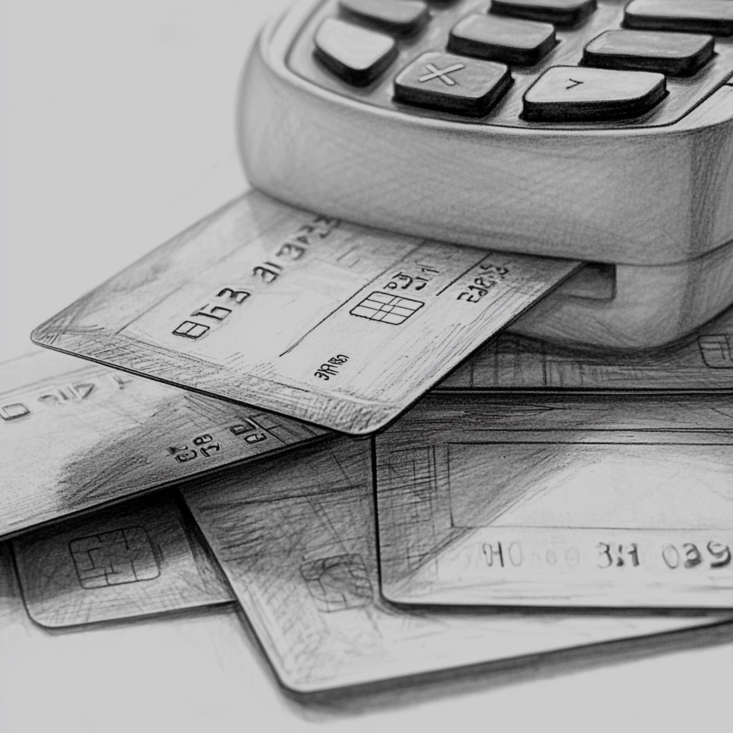 Close up pencil sketch of a credit card in a card reader