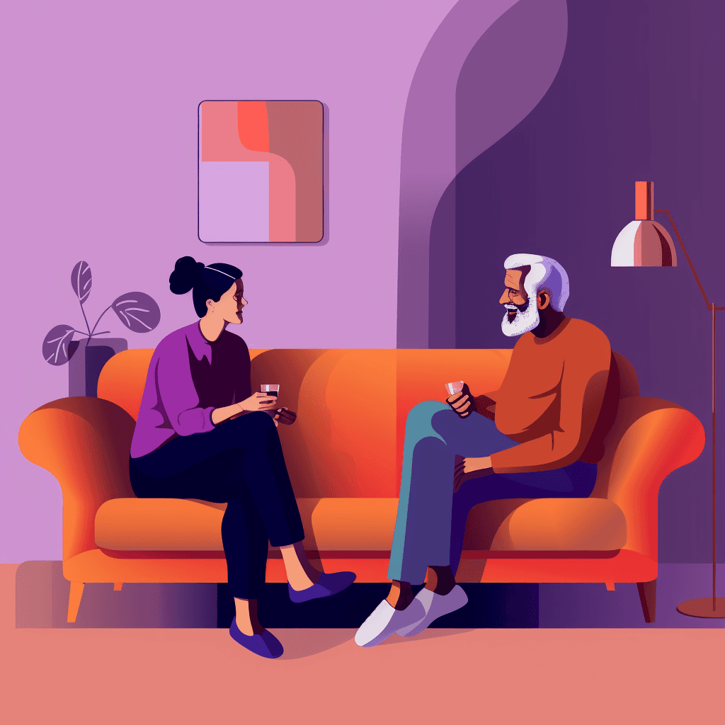 An elderly gentleman and a young woman seated on a couch, enjoying a conversation.