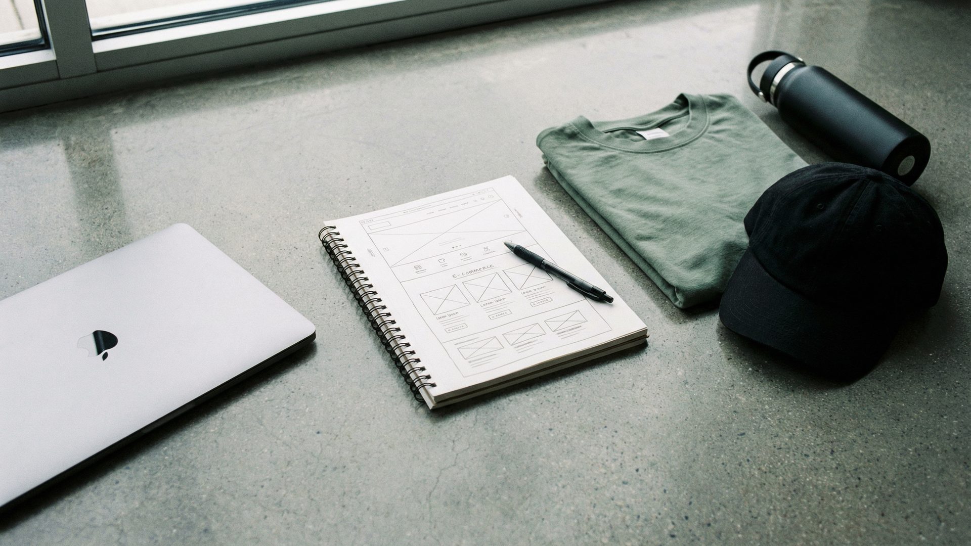 A flat-lay on a polished concrete surface showing a closed laptop, a sketchbook open to wireframe UI sketches for an e-commerce store layout, a neatly folded sage green heavyweight t-shirt, a black dad hat, and a matte black insulated water bottle.