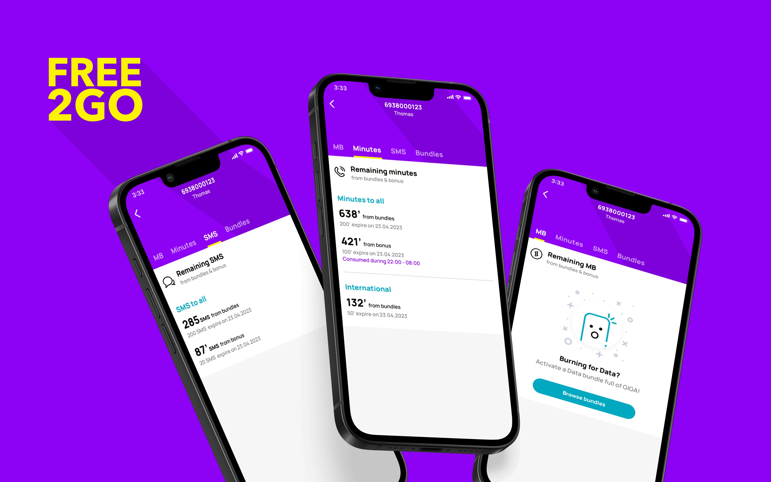 FREE2GO mobile app showing detailed SMS, minutes, and data balances