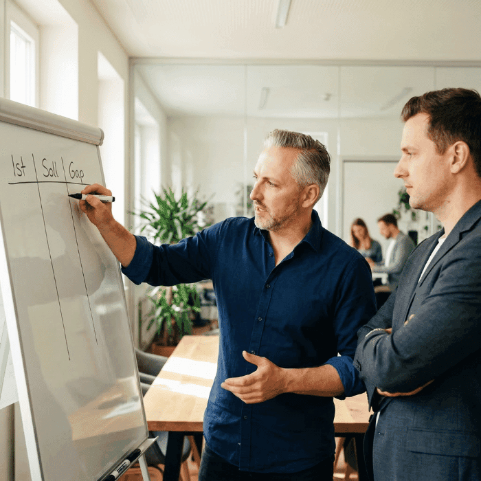 Hannes Weindorf erklärt die drei Säulen des BGM am Whiteboard
