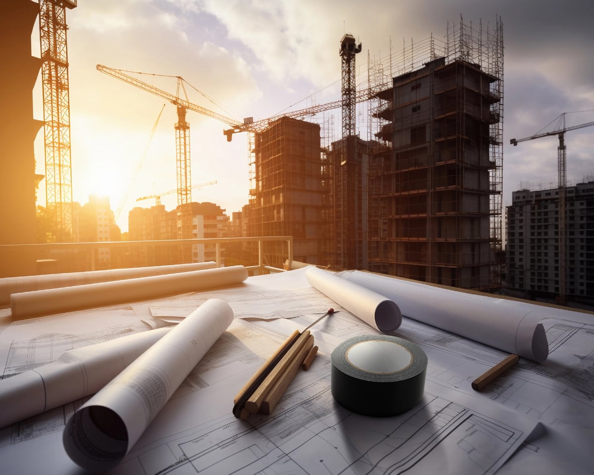 Architect drawings with building site in background