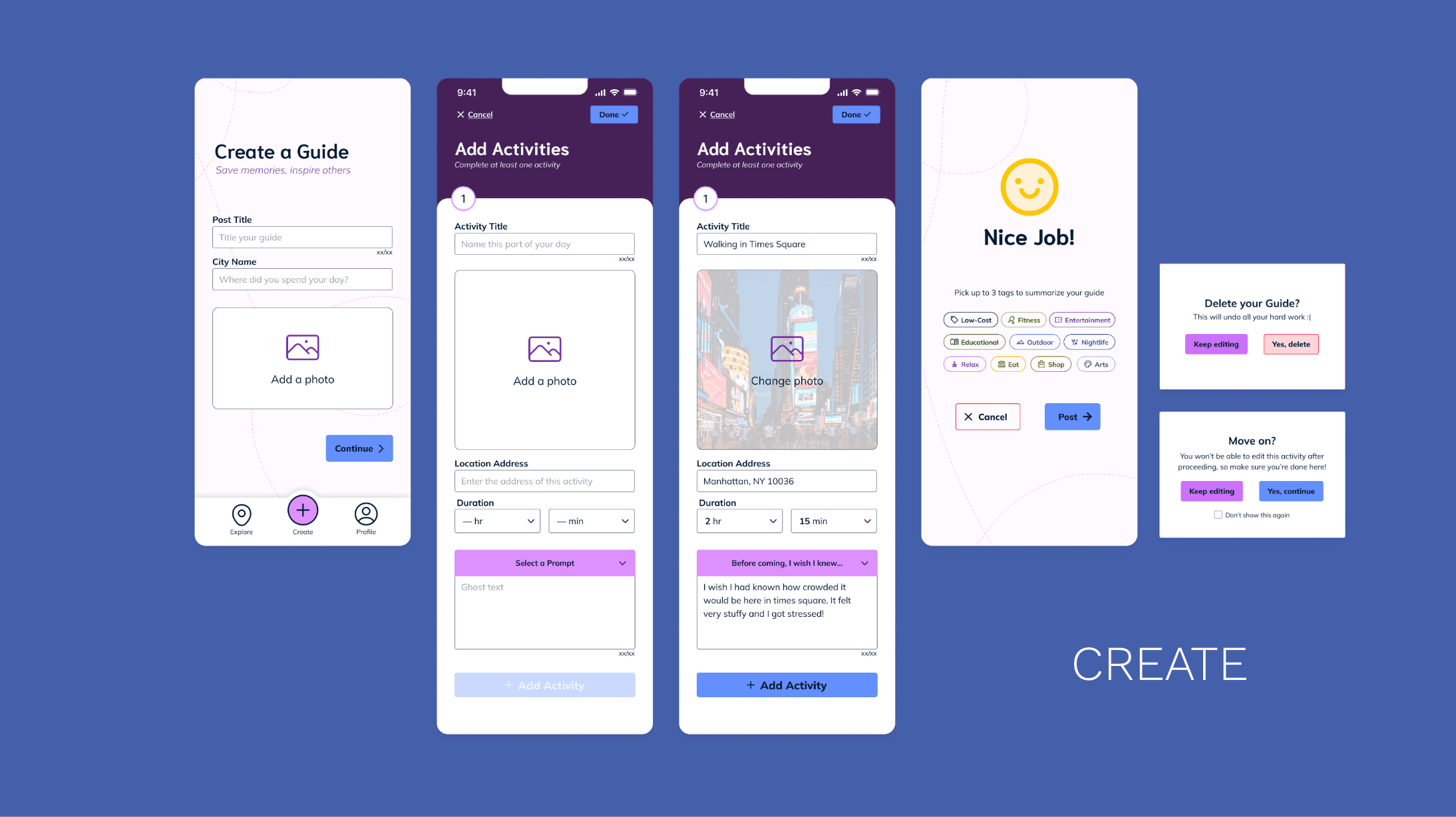 App interface showing the step-by-step guide creation process, including fields for title, photos, and descriptions on smartphone screens.