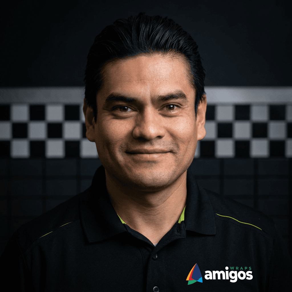 Man in black polo shirt with Amigos logo.