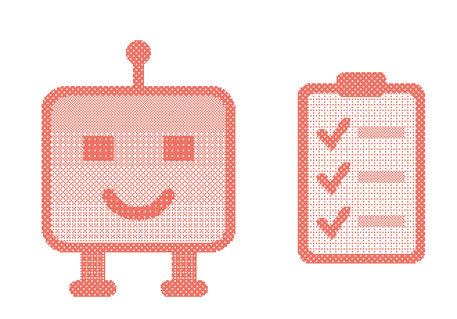 Two simple, smiling cartoon robots in a playful design, one square and one rectangular in shape.