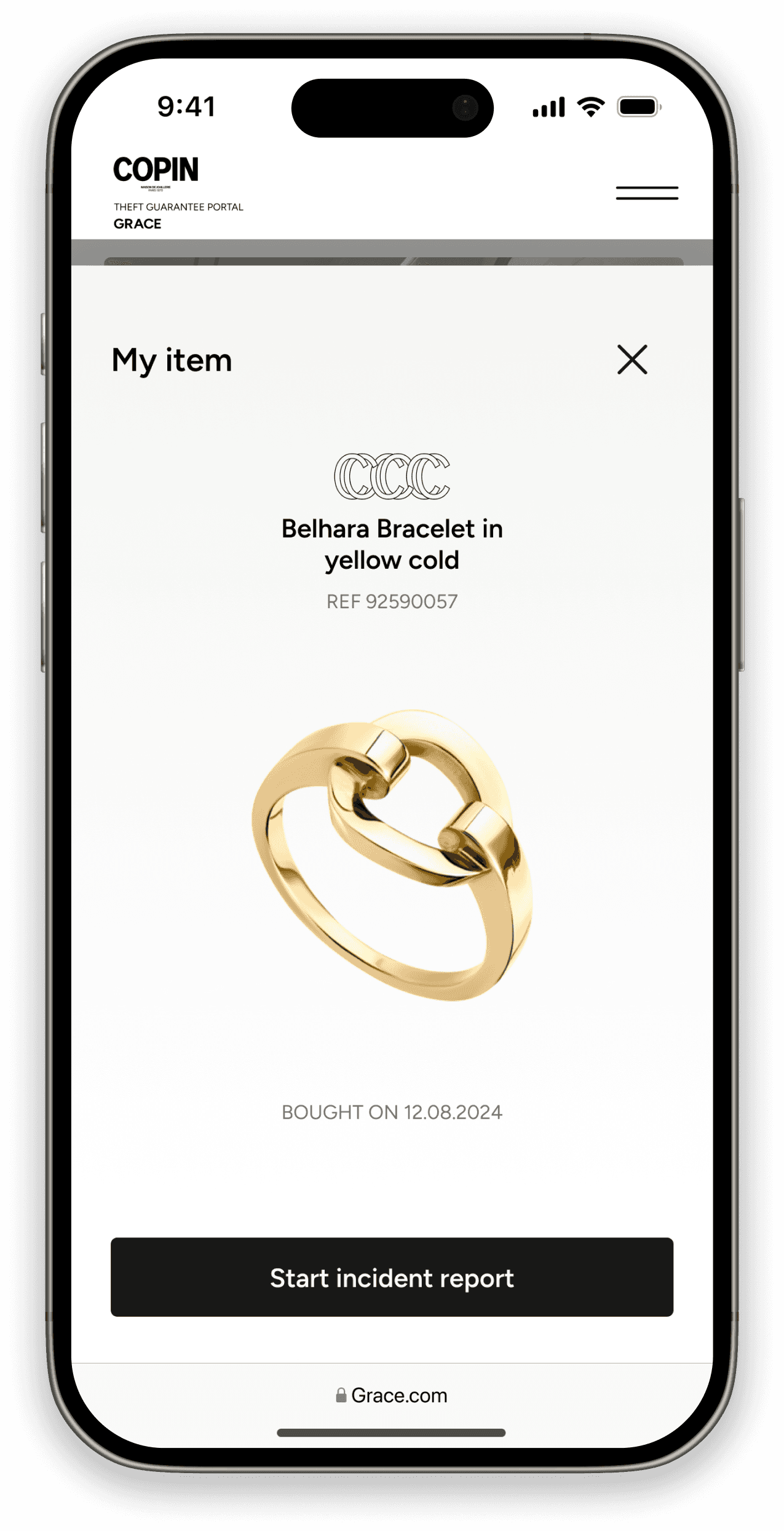 Interface mobile COPIN x GRACE affichant un bracelet en or jaune avec option de déclaration d’incident