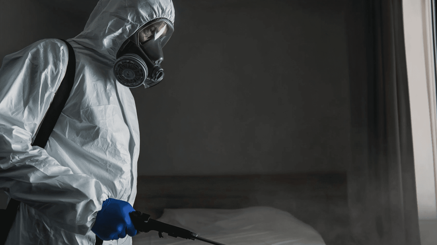 Pest control technician in protective suit performing a spray treatment with a backpack sprayer