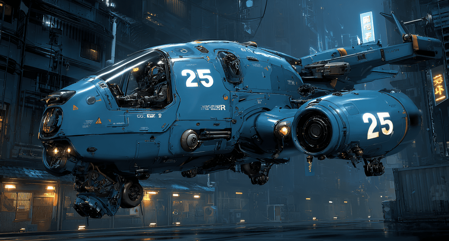 A futuristic blue spacecraft with large engines and the number 25 on its side, hovering in a nighttime cityscape