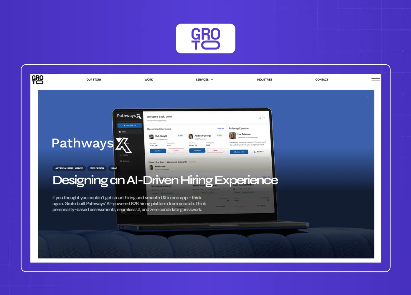 Groto portfolio page showcasing an AI-driven hiring platform with immersive mockups and modern product storytelling.