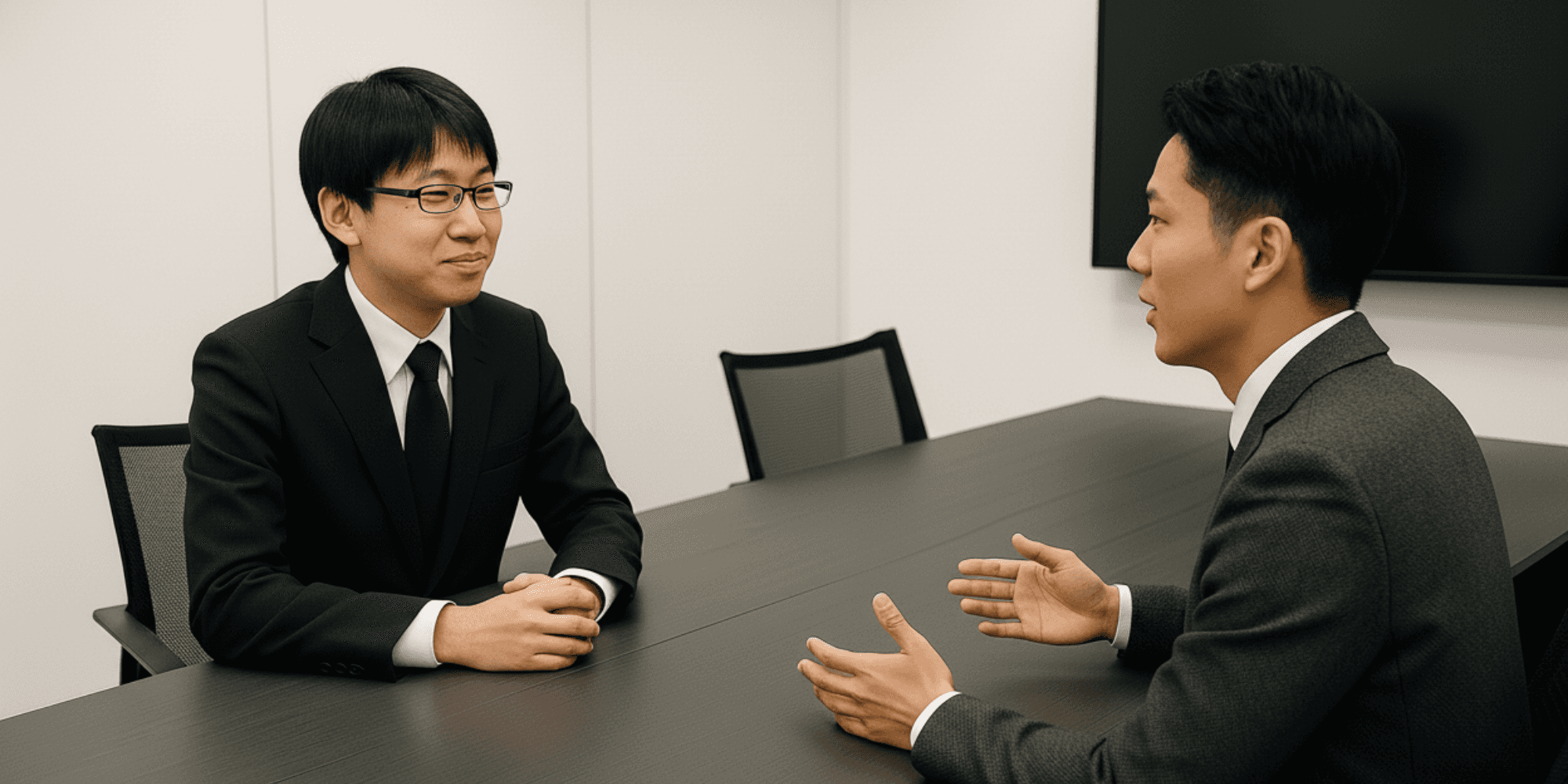 スーツ姿の男性2人が会議室のテーブルで向き合い業務について話し合う写真