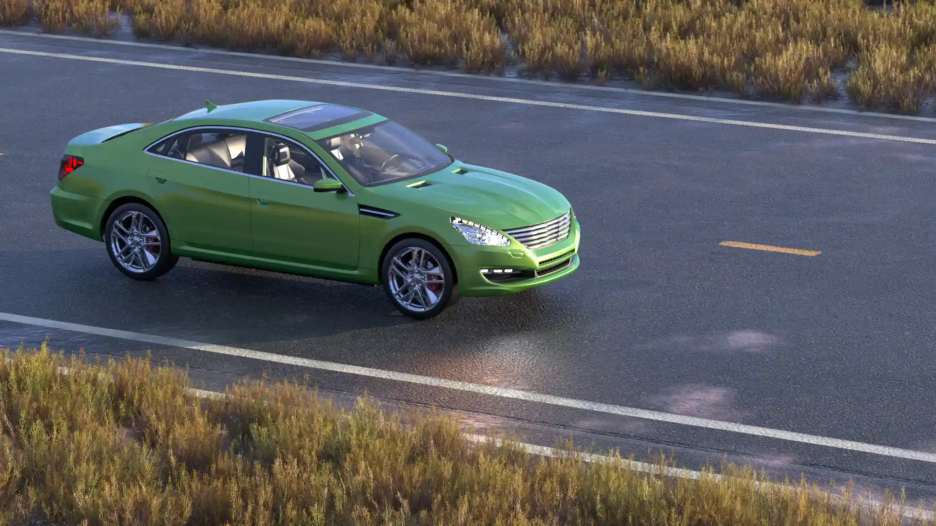 3D rendered green sedan driving on a highway representing the automotive industry vertical in the PTC SaaS transformation campaign