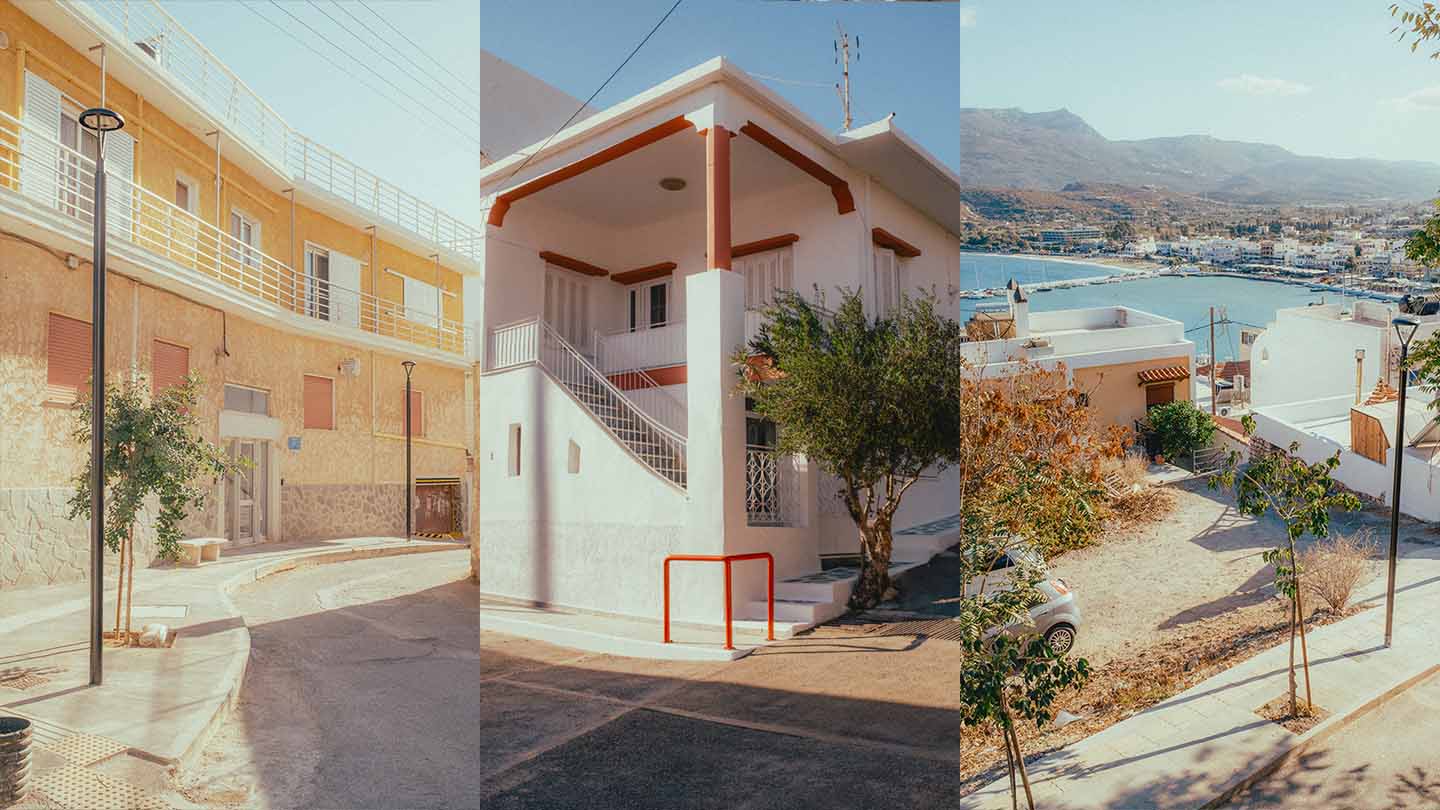 Three vertical images taken in greece, two of buildings with warm colors, and one of a vista overlooking the harbor in a greek city