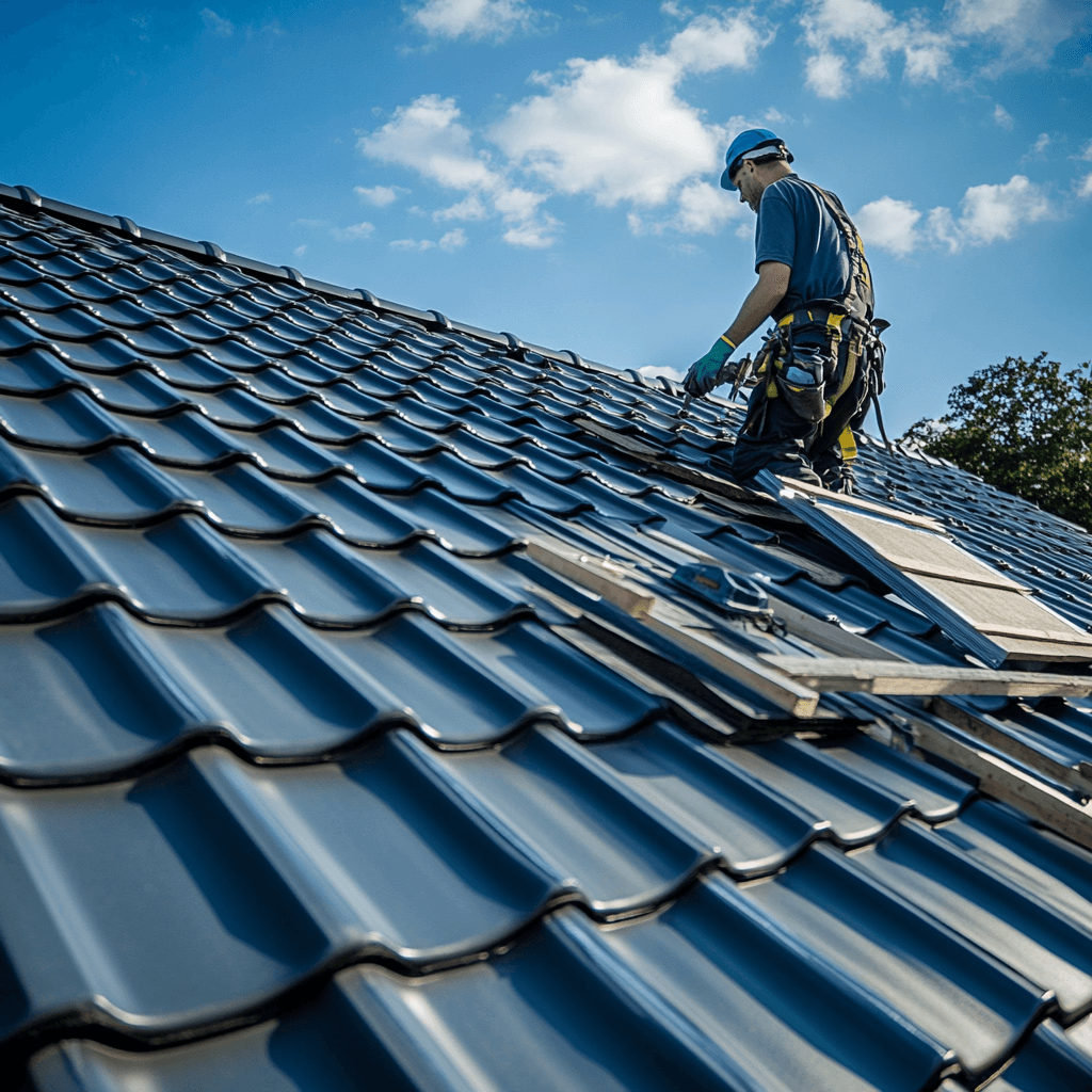 Dachziegel und Dachdämmung wird von Handwerkern erneuert und modernisiert