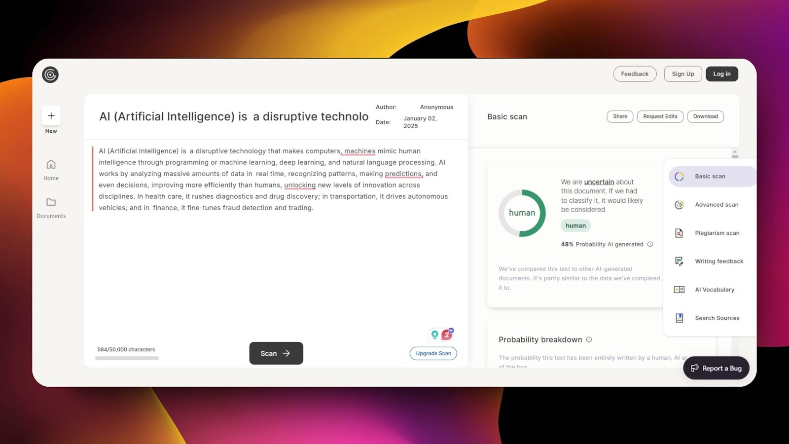 Screenshot of GPTZero's interface analyzing text with 48% AI probability, showing uncertainty about classification, a basic scan summary, and editing options.