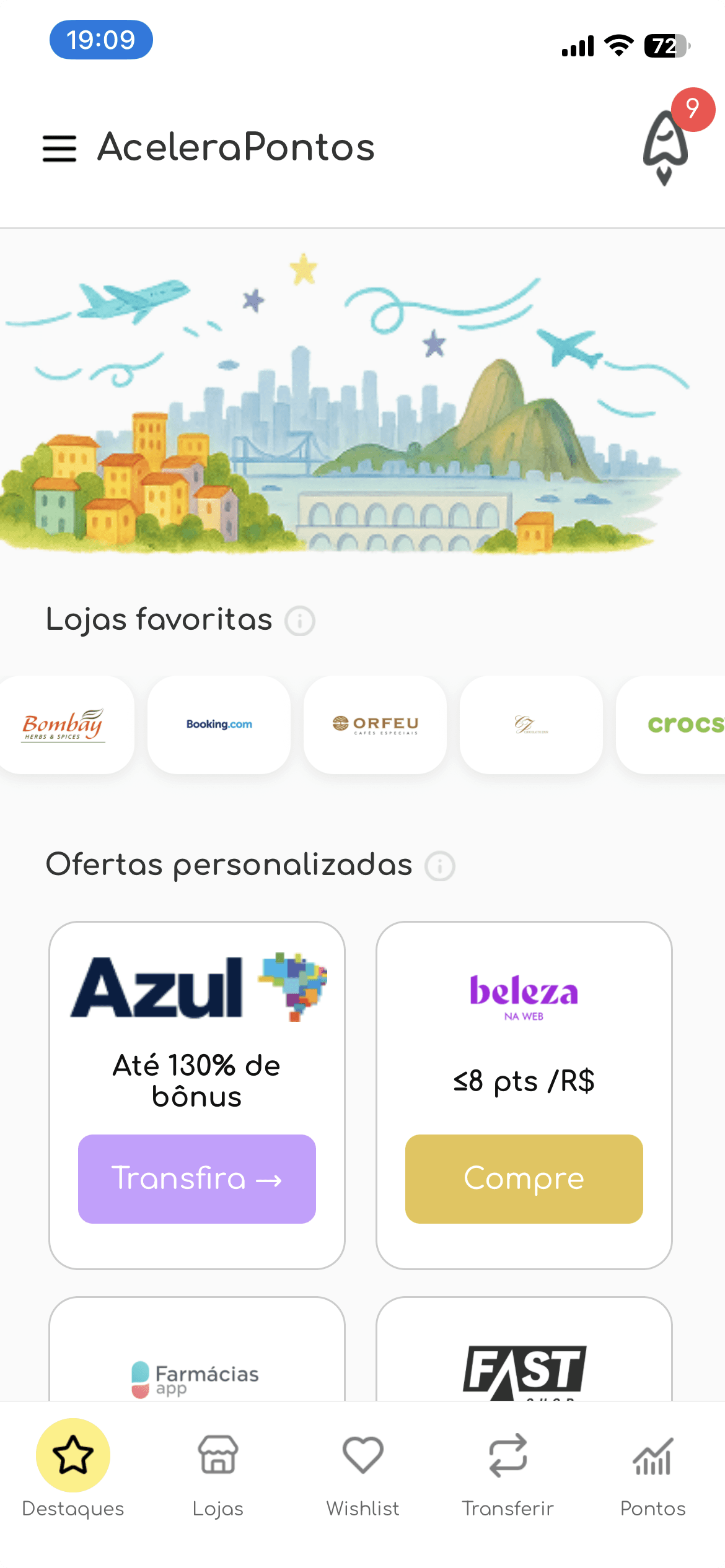 Tela do app de milhas AceleraPontos mostrando promoção de transferência para Azul com até 130% de bônus