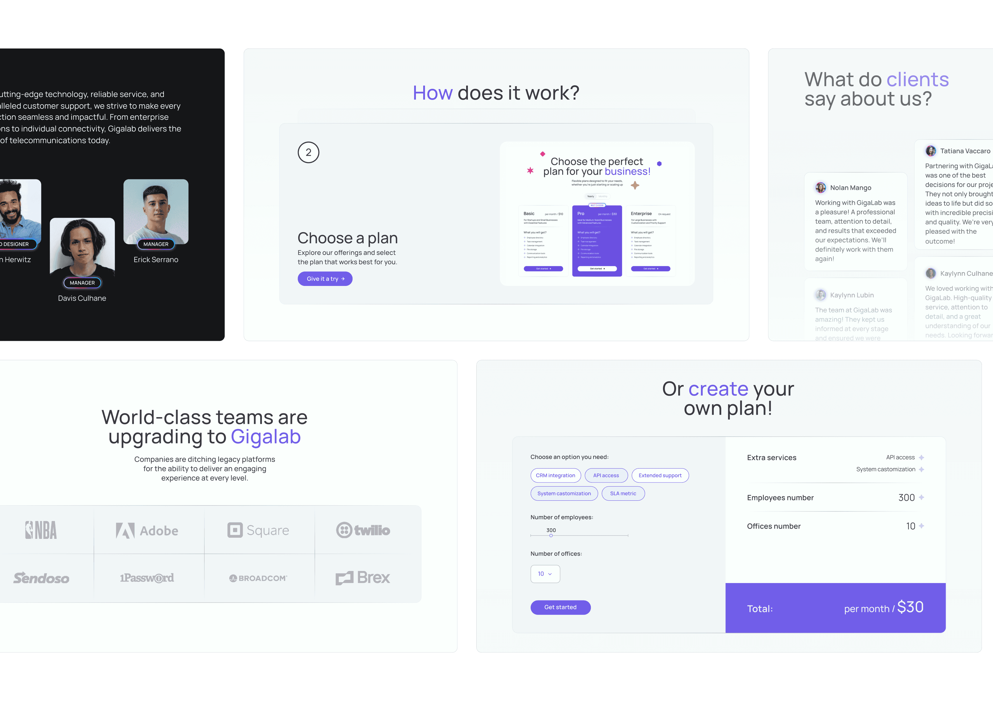 Interface overview showing Gigalab website sections: pricing, testimonials, team, and custom plan creation flow.