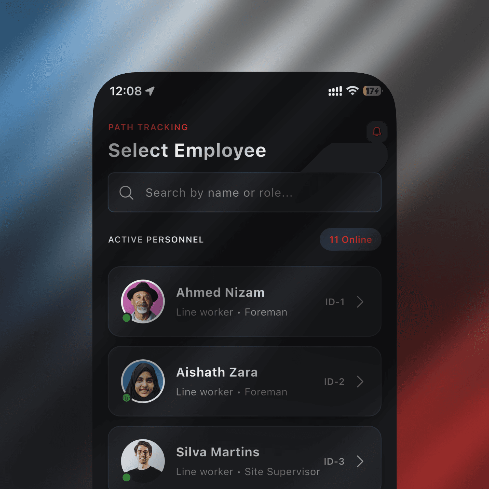 Tyros mobile app path tracking dashboard showing real-time location and movement of personnel for security and operational monitoring