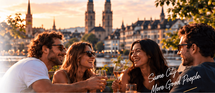 Four friends socializing beside Zurich waterfront at sunset