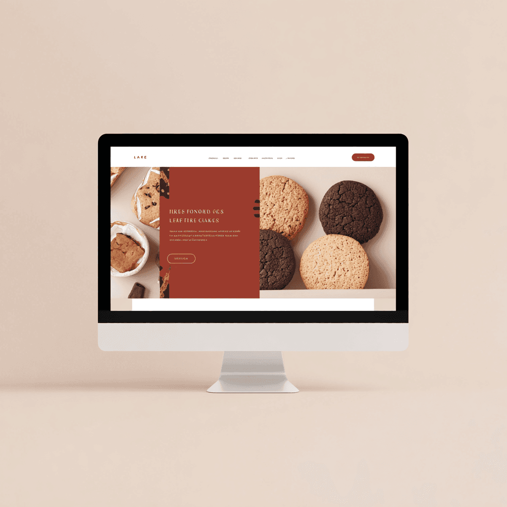 A monitor displaying website design for a cookie brand.
