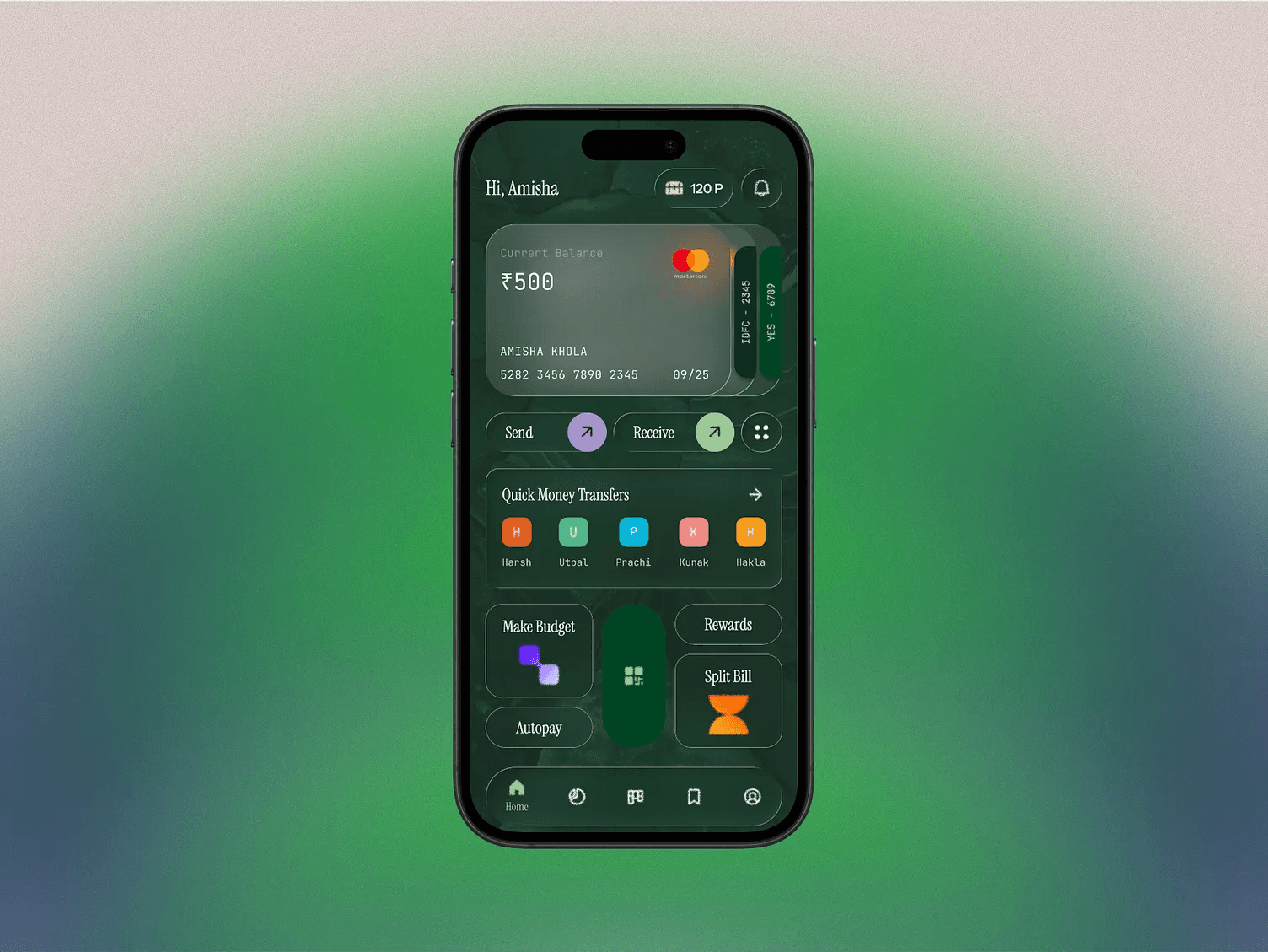 A smartphone displays a banking app interface with a balance of ₹500, options for sending and receiving money, and quick money transfer features against a green gradient background.