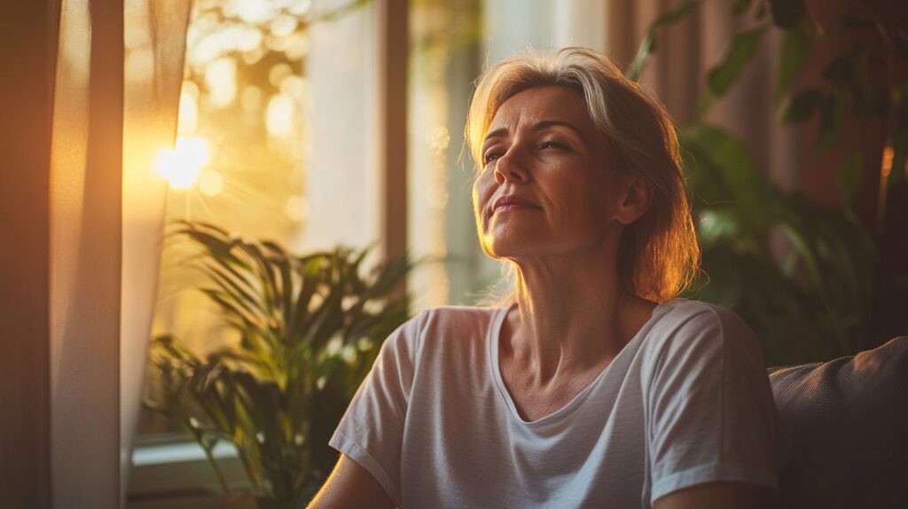 A middle-aged woman relaxes in a sunlit room, eyes closed and face uplifted towards the light, embodying tranquility and well-being. This peaceful moment highlights the importance of managing stress and embracing relaxation techniques to improve sleep health during menopause.