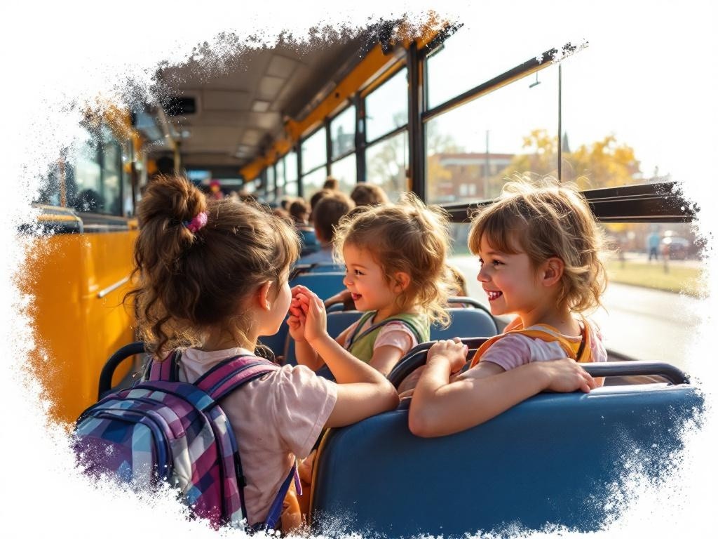 Three girls are sitting on a school bus and smiling.