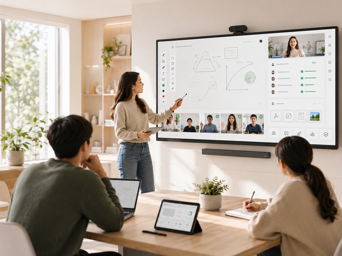 A teacher presenting on a purpose-built classroom platform displayed  on a large screen, with an interactive whiteboard, student video grid,  and progress panel — while in-person students follow along