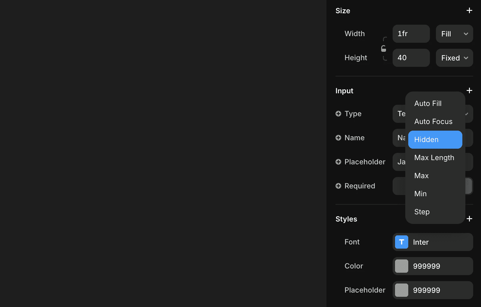 Framer 表单输入设置面板显示输入部分中启用了"隐藏"选项。
