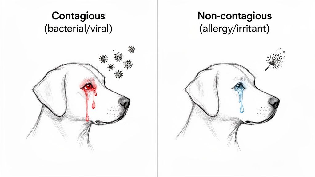 Illustration showing a dog with red, tearing eye representing contagious infection and another with blue, tearing eye for allergy.