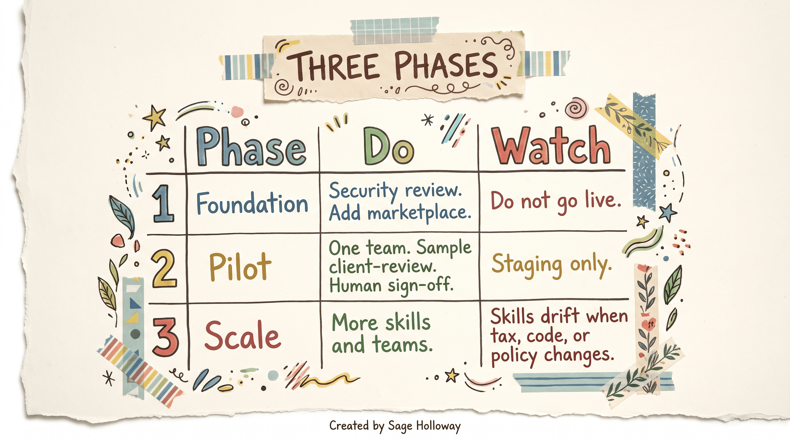 Scrapbook THREE PHASES table for Foundation, Pilot, and Scale with Do and Watch columns