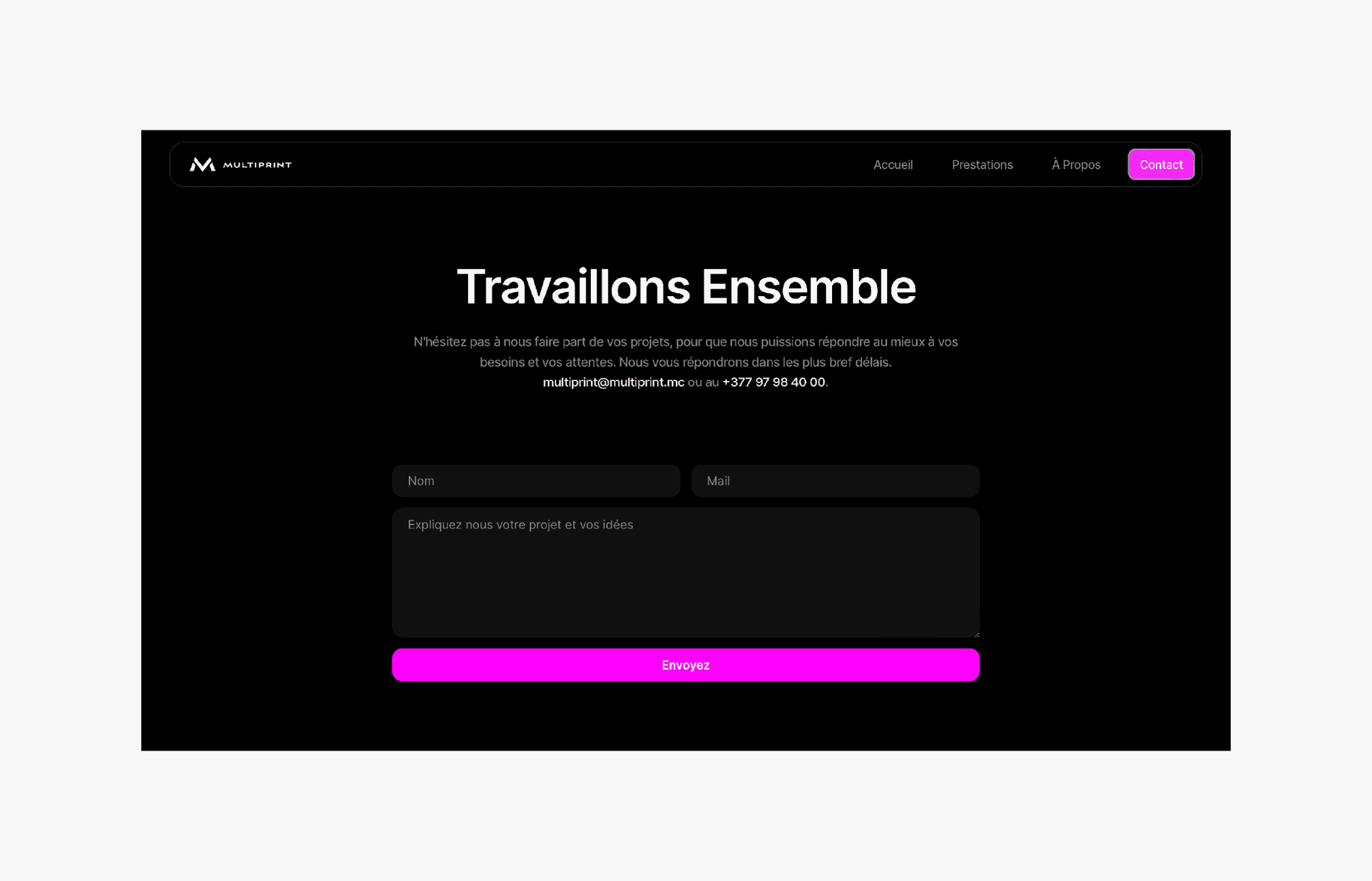 Fond noir avec le texte "Travaillons Ensemble" en blanc, et un formulaire de contact en dessous avec des champs pour le nom, l'email, et le projet