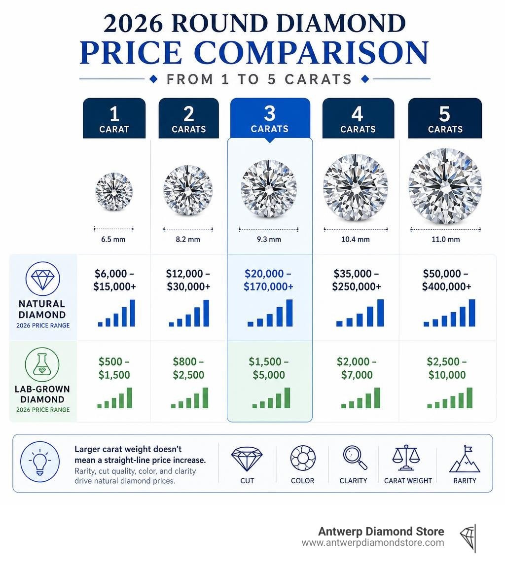 2026 round diamond price comparison from 1 to 5 carats infographic