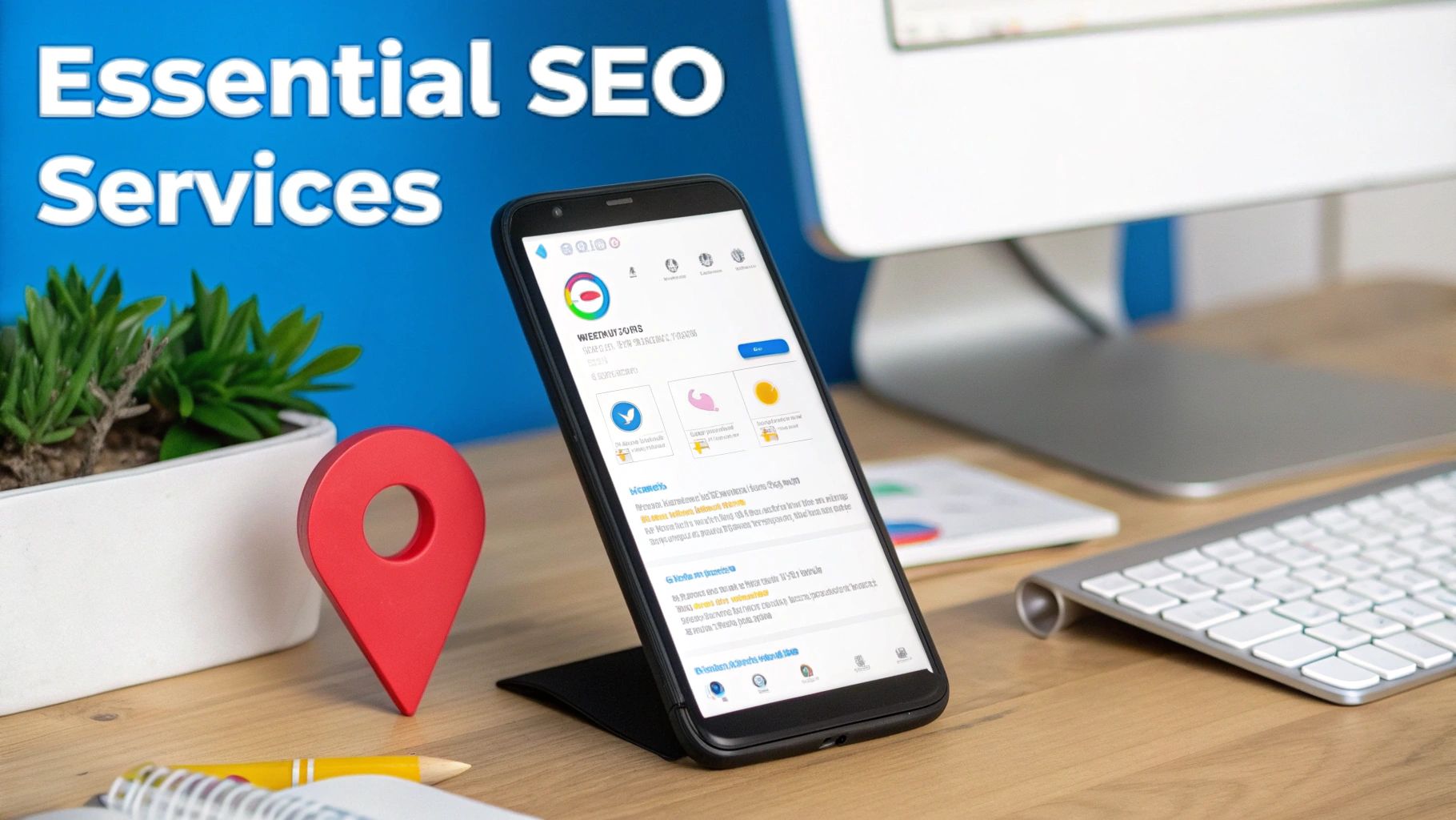 Desk with smartphone displaying an app, computer, plant, and map pin promoting essential SEO services.