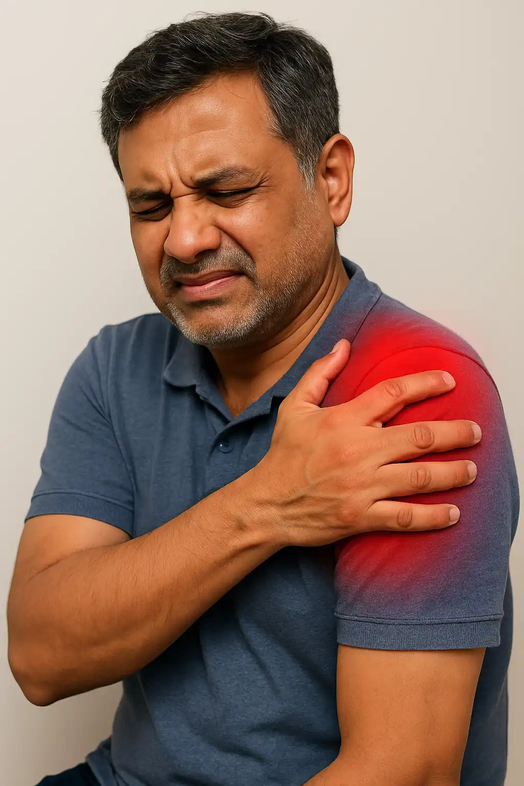 Middle-aged man holding his painful shoulder with a pained expression and a red highlighted area, indicating frozen shoulder, rotator cuff injury, or acute shoulder inflammation.