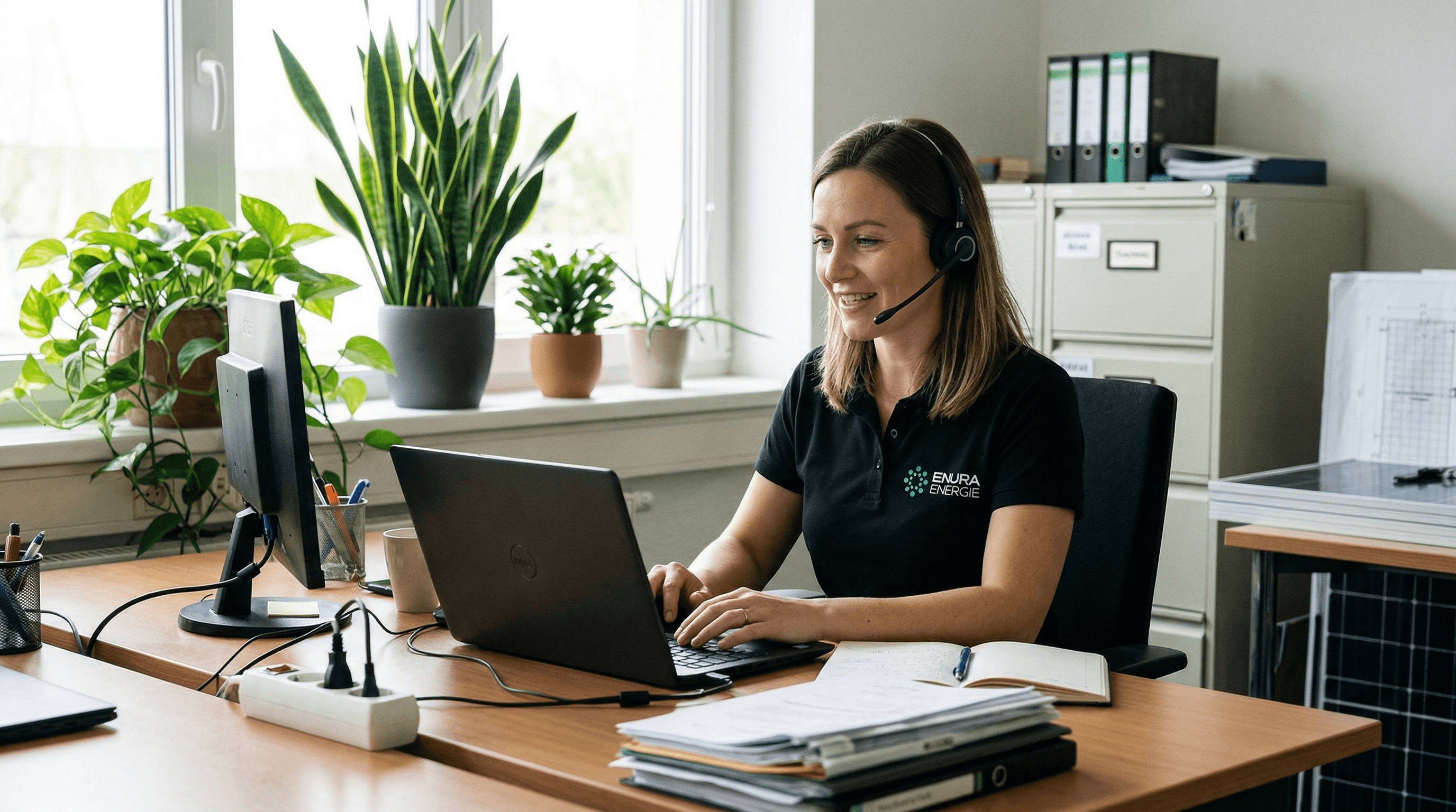 Mitarbeiterin von Inura Energie sitzt im Büro mit einem Headset auf dem Kopf, telefoniert gerade mit Kunden, berät sie und unterstützt sie am Telefon. Sie sieht dabei sehr zufrieden und entspannt aus, dennoch konzentriert. Sie arbeitet an einem modernen Schreibtisch mit Fenster im Hintergrund und trägt ein Inura Energie T-Shirt