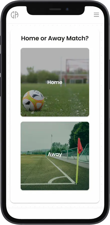 Mockup, der den Auswahlbildschirm "Heim- oder Auswärtsspiel?" in der mobilen Benutzeroberfläche von CoachingArea zeigt. Die Benutzeroberfläche bietet zwei klare Optionen: "Heim" mit einem Fußball, der auf einem üppigen grünen Feld ruht, und "Auswärts" mit einer Eckfahne auf einem Fußballplatz. Die Funktion ermutigt Trainer, ihre lokale Gemeinschaft auf die Plattform einzuladen, was mehr Spiele in ihrer Gegend ermöglicht. Durch die Förderung der Teilnahme zielt CoachingArea darauf ab, die Zusammenarbeit zu verbessern und den Nutzen für alle Benutzer zu maximieren.