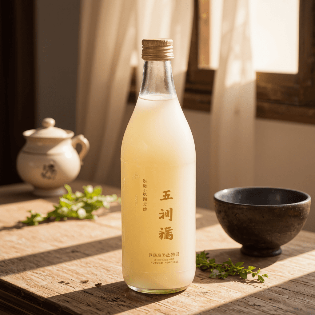 product photography of a bottle of traditional Korean beverage