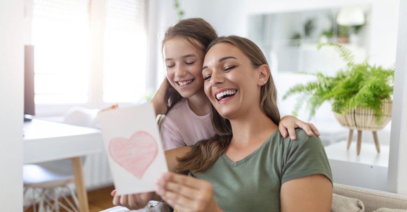 Mother and daughter looking at a mothers day card