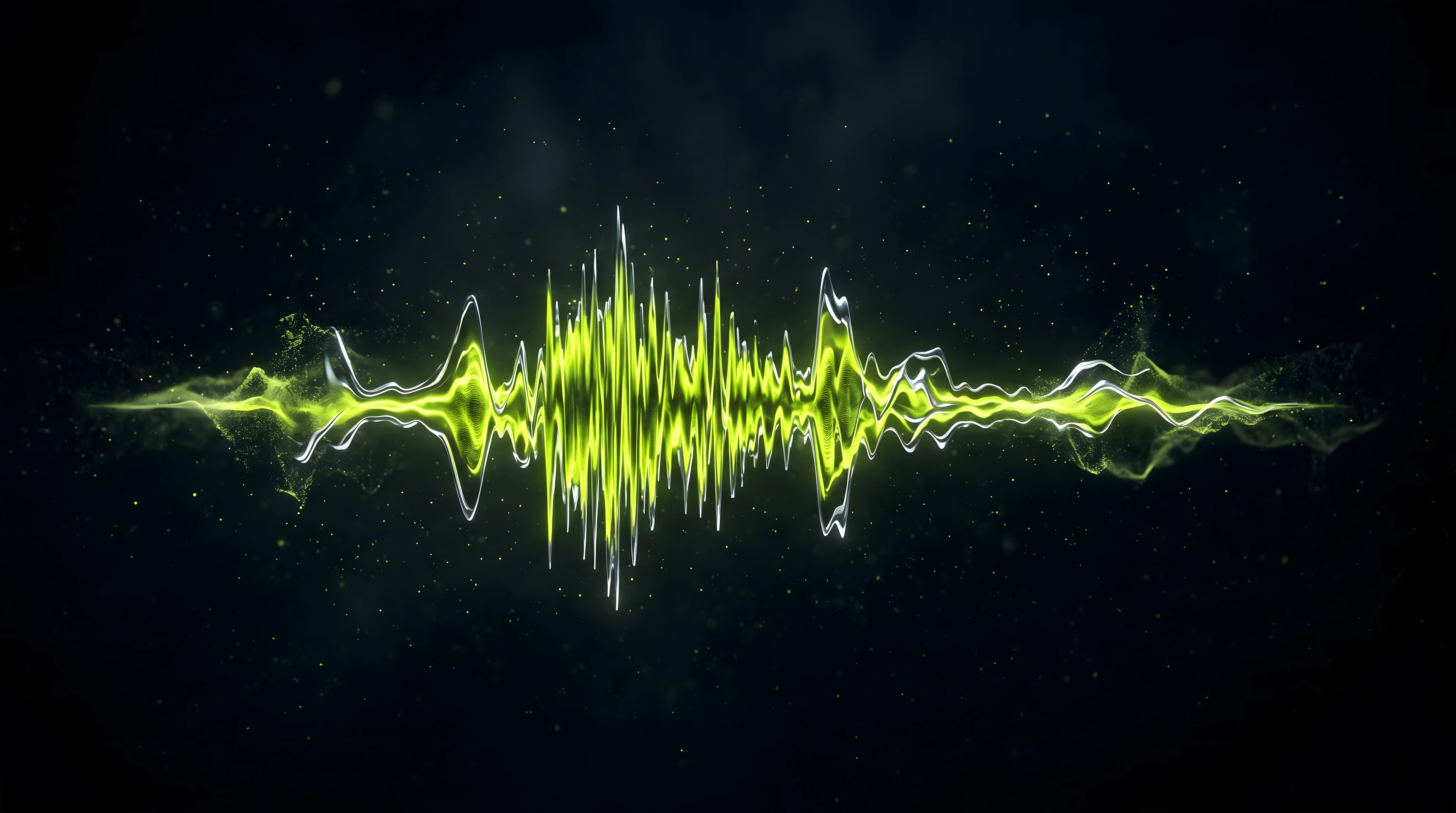 Bioluminescent waveform emerging from deep void background, abstract sonic signature concept in toxic lime and liquid chrome tones, no text overlay