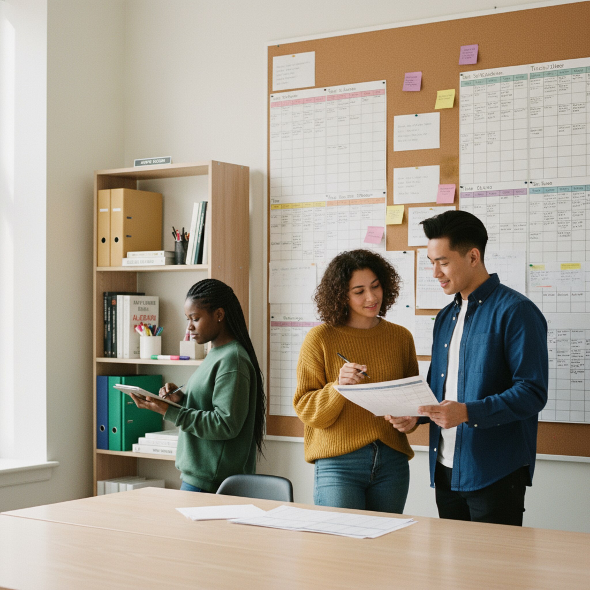 Ein Teamraum mit Pinnwand, an der Schichtzettel und Vertretungsnotizen hängen. Zwei Tutoren vergleichen Qualifikationen und tauschen Termine, während eine Kollegin Verfügbarkeiten anpasst. Ein Regalfach zeigt beschriftete Lernräume. Die Stimmung ist konstruktiv und organisiert.