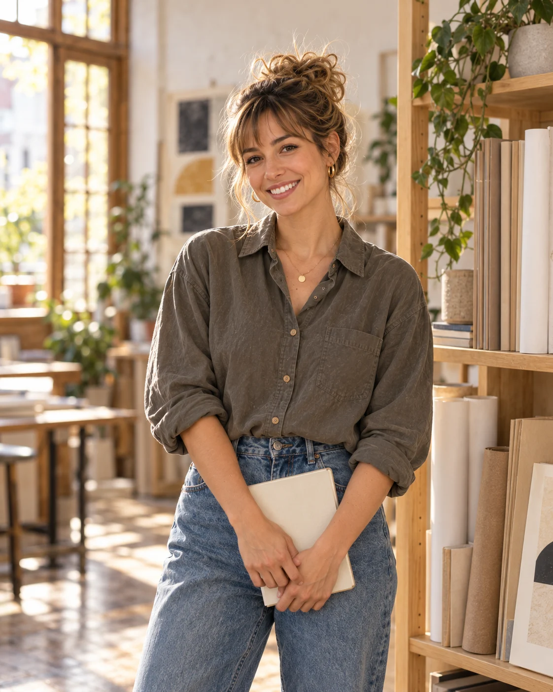 Jen Hayes holding an ivory notebook beside the studio shelves