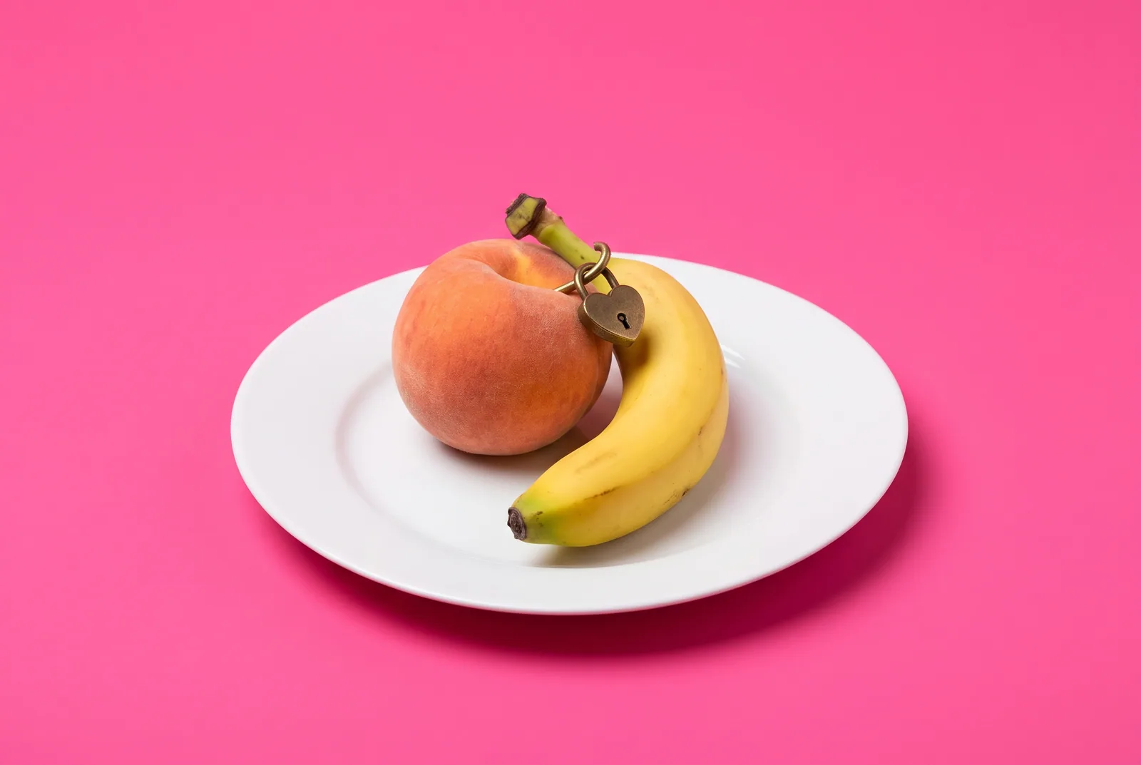A peach and a banana on one plate joined by a heart-shaped love lock, sexting addiction while in a relationship