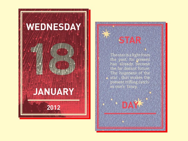 The image shows two vertical rectangular cards side by side. The left card is red with white text reading "WEDNESDAY 18 JANUARY 2012". The right card is blue with red text reading "STAR" and below that, "The star is a light from the past. Its present has already become the far distant future. The hugeness of the star makes the present trifling catches one’s fancy." Below the text are several small yellow stars. The cards have a textured, slightly rough appearance and are framed by red borders.