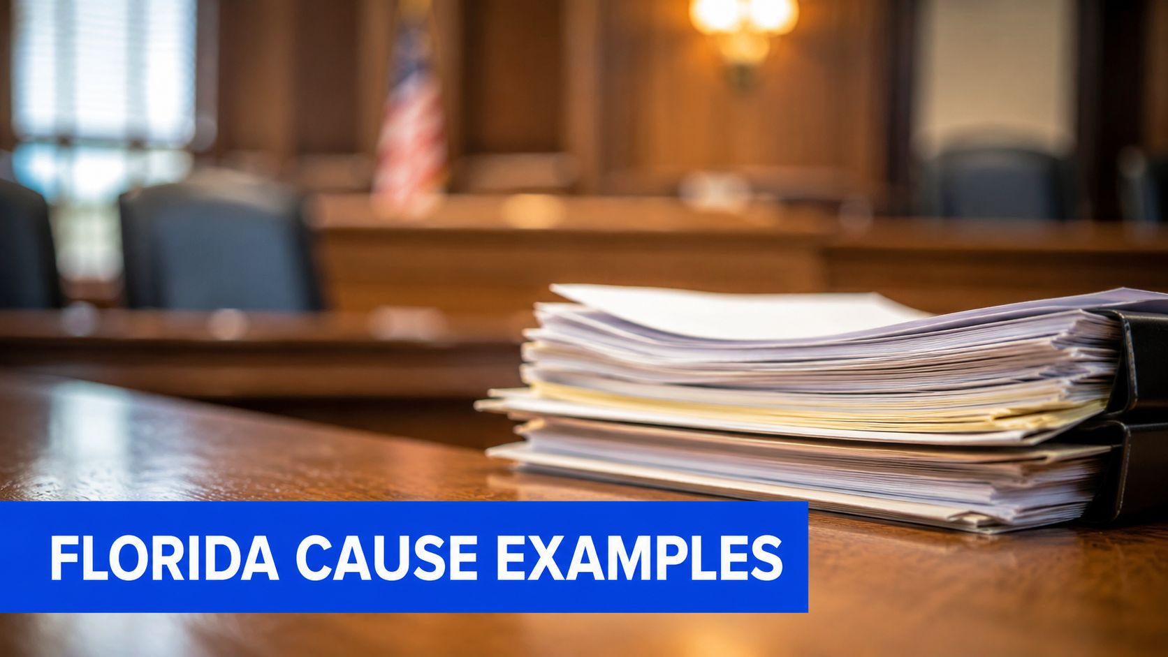 A stack of legal documents sits on a wooden courtroom table in front of a judge's bench.