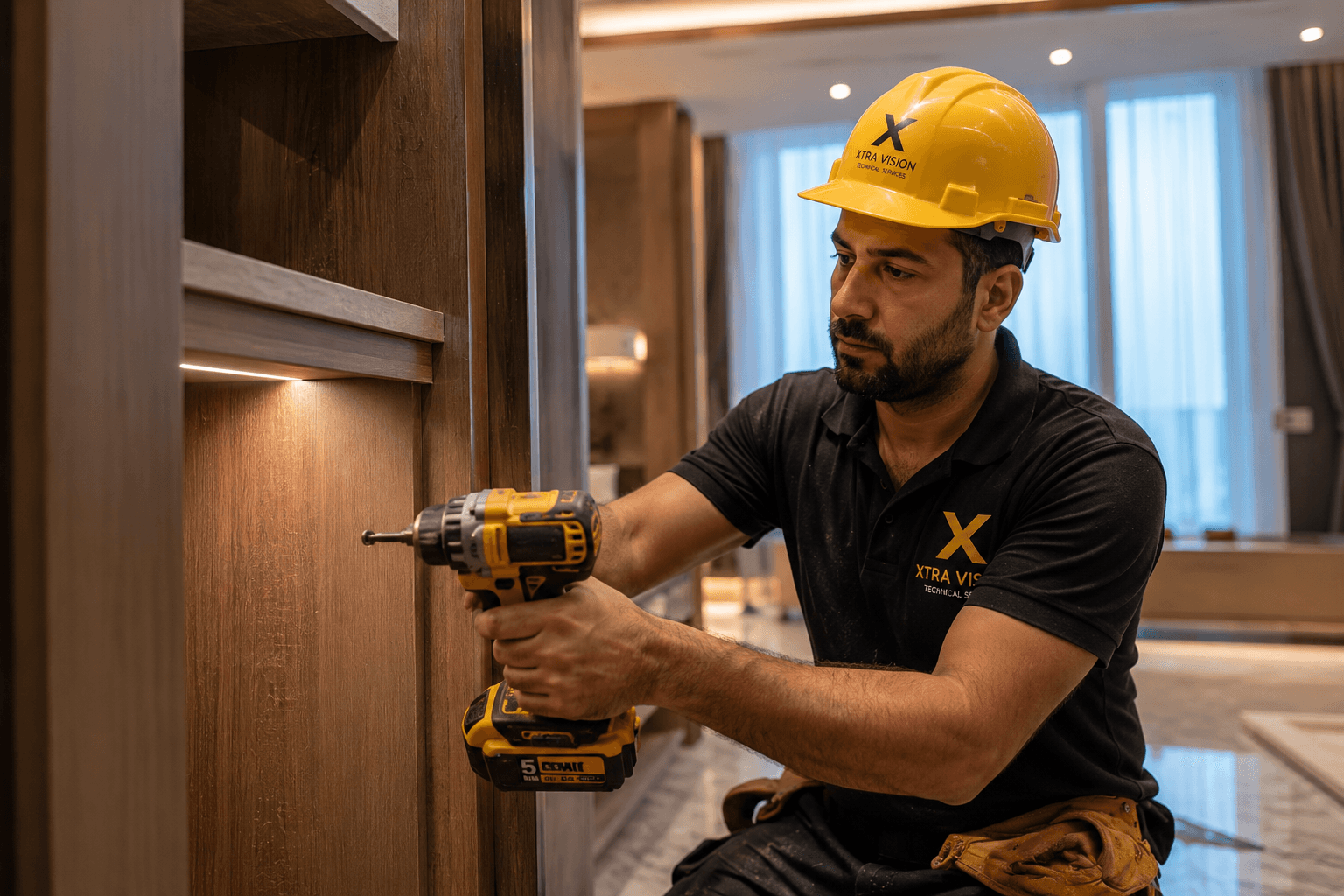 man using sander on beige wooden surface