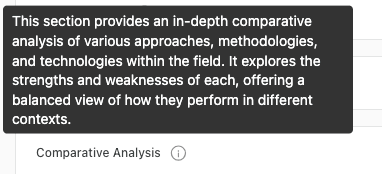 A tooltip definition of comparative analysis highlighting the evaluation of strengths, weaknesses, and balanced views in different contexts.