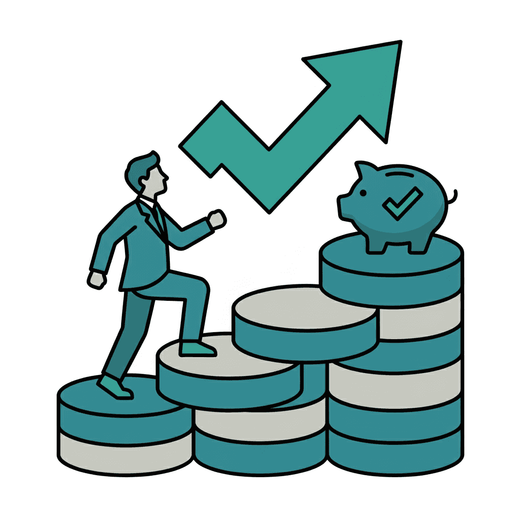 Ein Geschäftsmann steigt eine Treppe aus Münzstapeln hinauf zu einem Sparschwein, darüber ein grüner Pfeil nach oben.