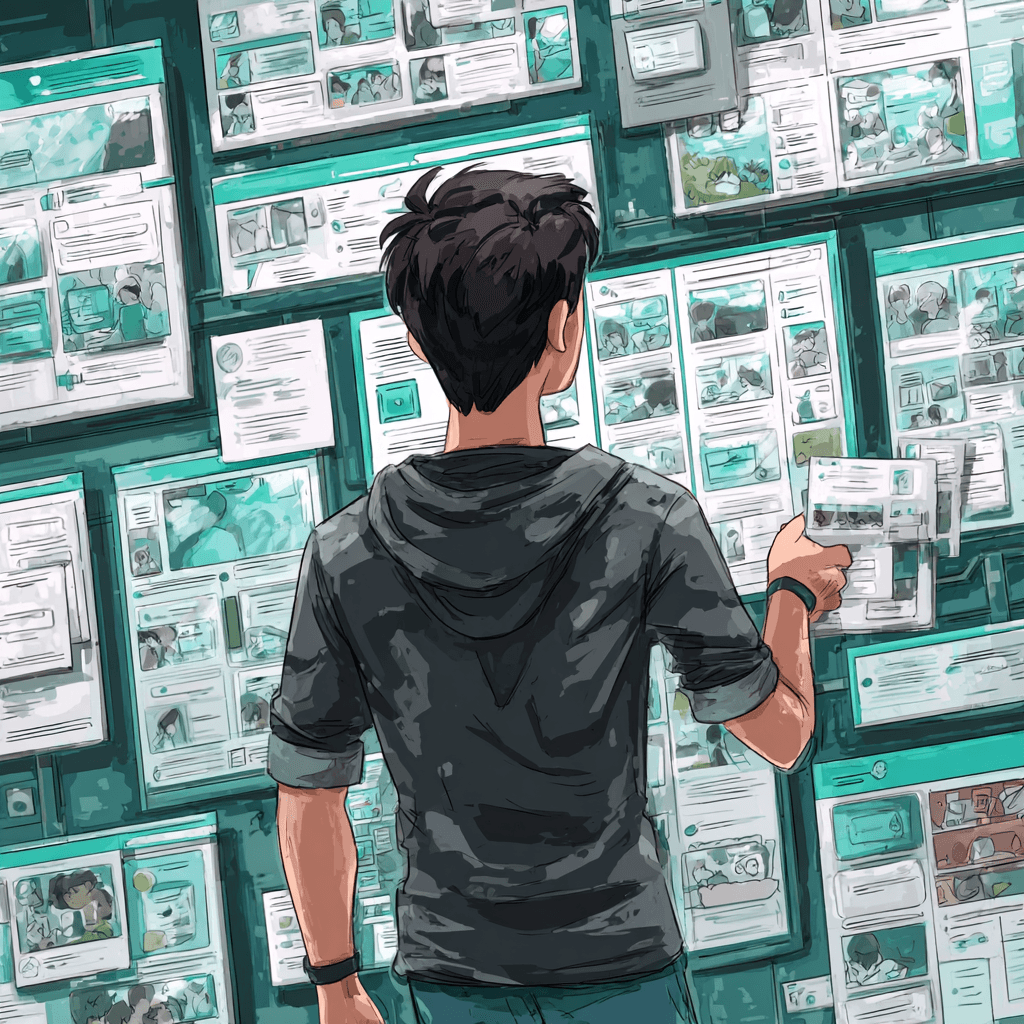 a person looking into pinned news on the wall