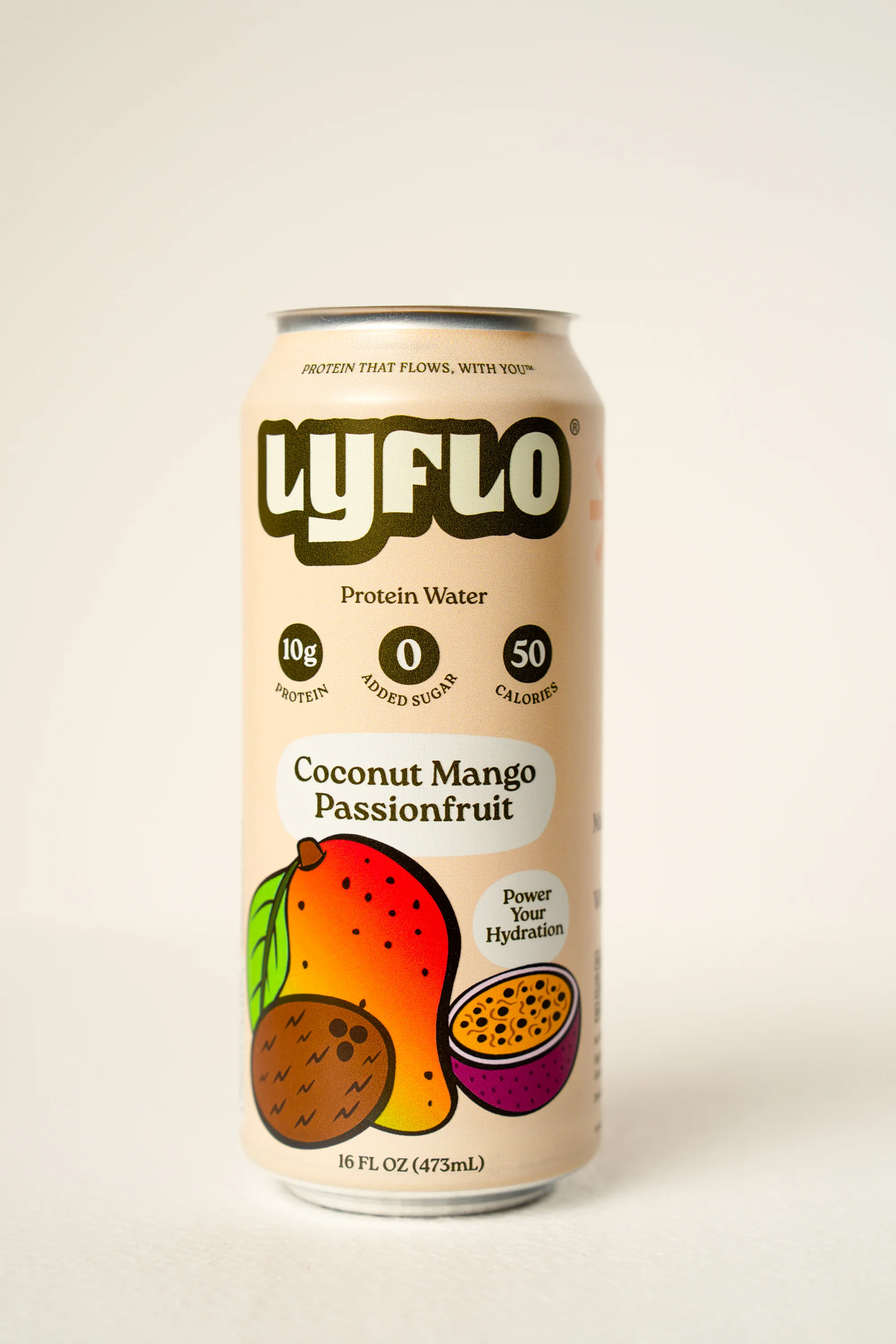 Protein water beverage can in coconut mango passionfruit flavor