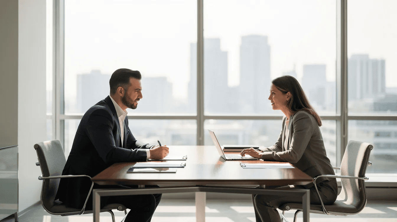 A professional divorce attorney is meeting with a client in a modern office setting, discussing family law matters and the complexities of their divorce case. The attorney provides compassionate advice to help the client navigate legal separation, custody arrangements, and spousal support, ensuring their best interests are prioritized in the process.